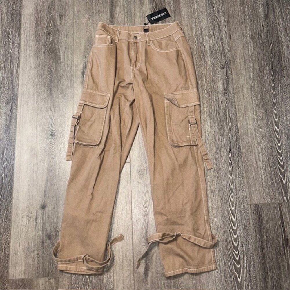 Shein SXY Womens Brown Tie Hem Bottom Ankle Causal Jeans Denim Pants NWT
